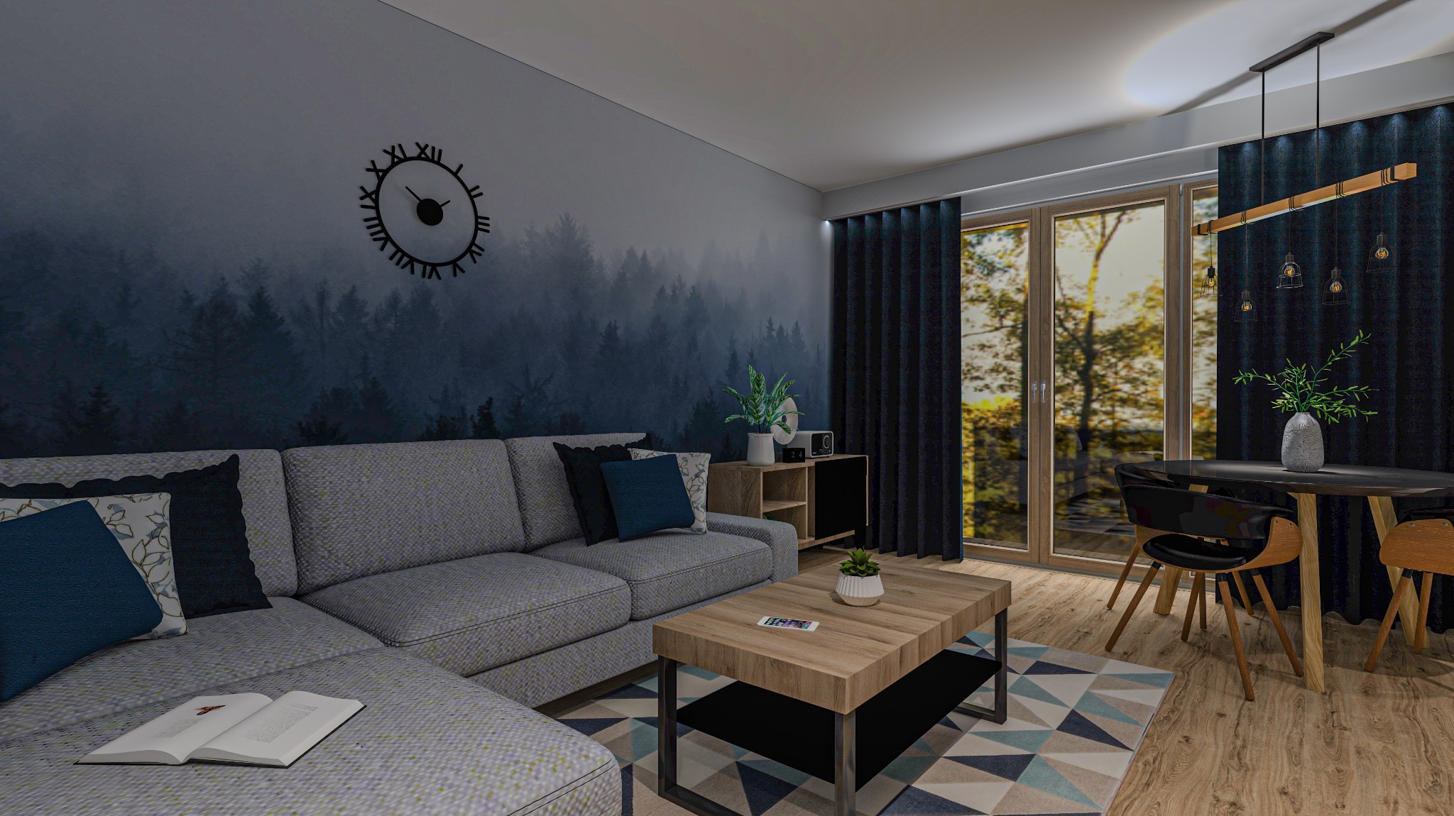 Salon z granatową tapetą imitującą las we mgle, szarą sofą narożną z granatowymi poduszkami, drewnianym stolikiem kawowym i okrągłym stołem jadalnym z czarnym blatem i drewnianymi nogami.