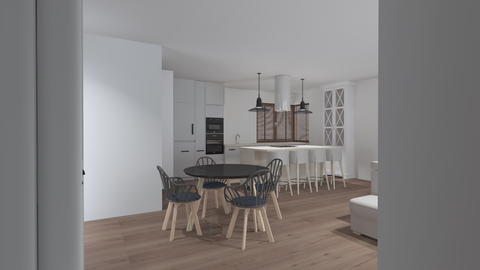 Wizualizacja przestronnej, minimalistycznej kuchni z wyspą, okrągłym stołem i krzesłami w odcieniach szarości i bieli, z drewnianą podłogą i żaluzjami w oknach.