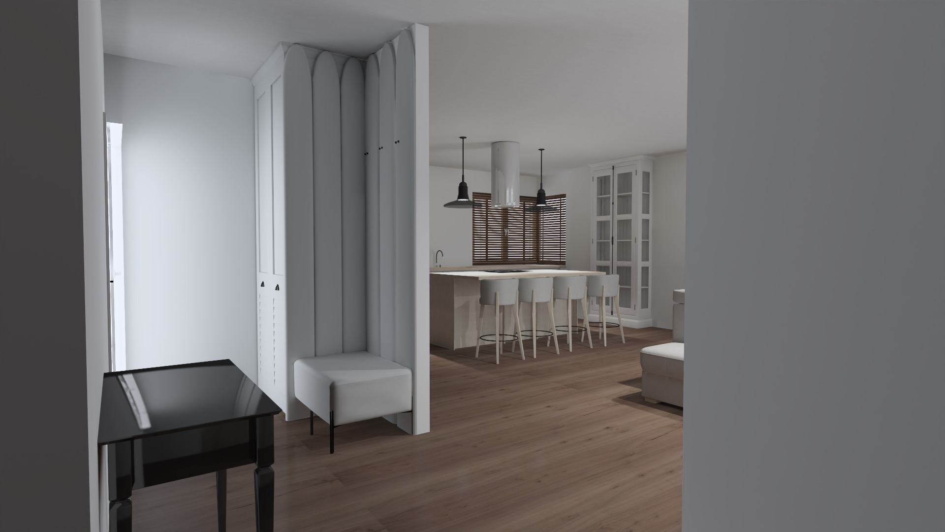 Wnętrze mieszkania w neutralnych barwach z drewnianą podłogą, widok na otwartą kuchnię z wyspą i białymi krzesłami barowymi oraz fragment strefy wejściowej z tapicerowanym panelem ściennym...