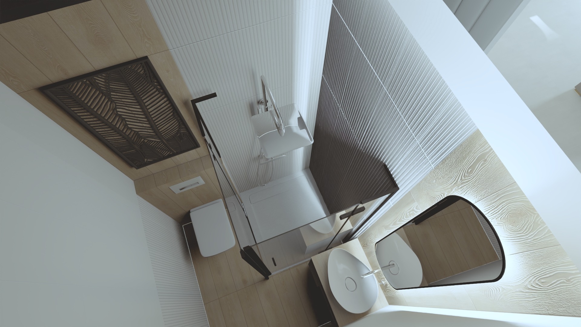 Nowoczesna łazienka z kabiną prysznicową typu walk-in, umywalką nablatową o owalnym kształcie i lustrem w czarnej ramie. Na ścianie dekoracyjny panel z motywem liści.