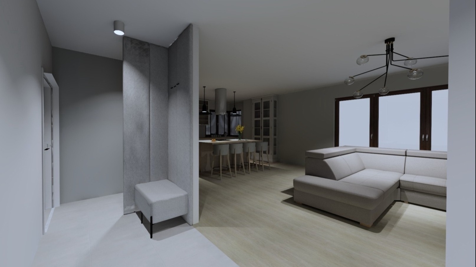 Wizualizacja przestronnego, nowoczesnego wnętrza z otwartą kuchnią, szarym narożnikiem i designerską lampą sufitową.