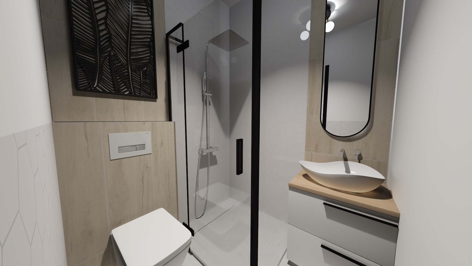 Nowoczesna łazienka z kabiną prysznicową typu walk-in, umywalką nablatową w kształcie łzy i czarną dekoracją ścienną z motywem liści.