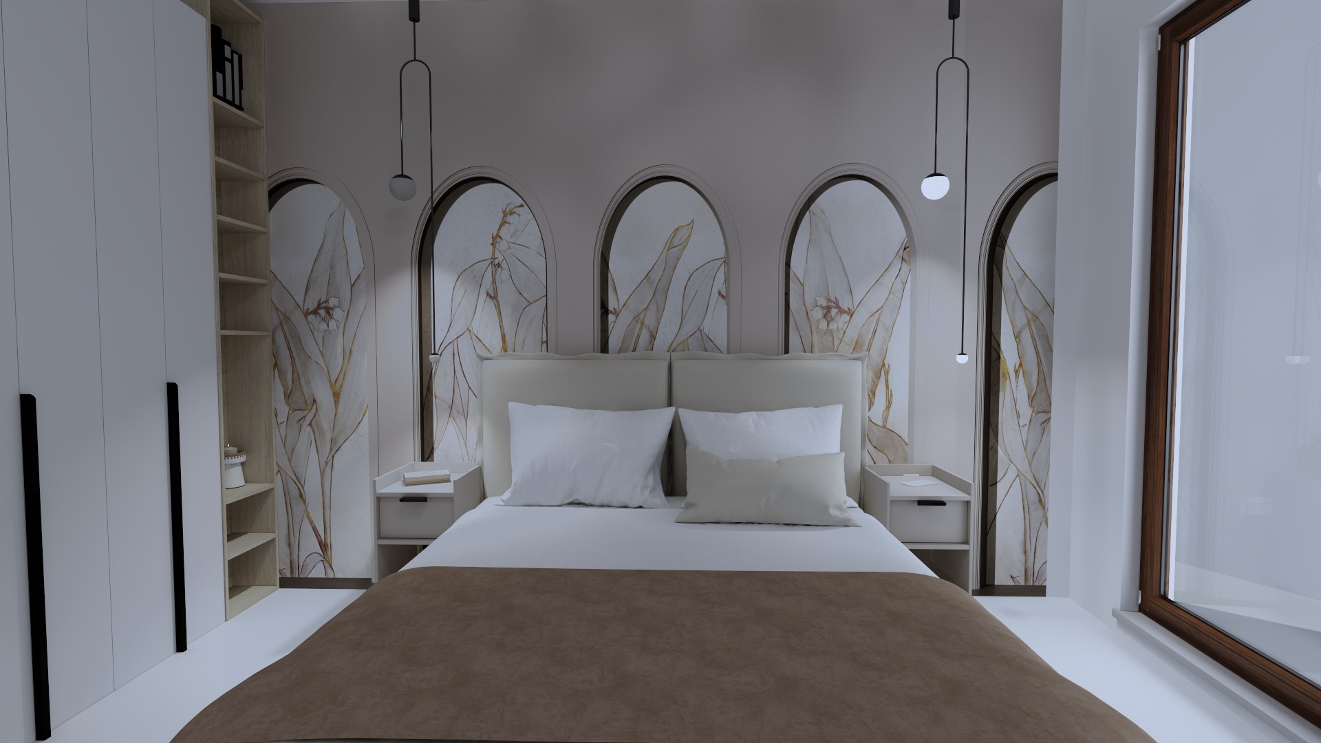 Nowoczesna sypialnia z łóżkiem małżeńskim, szafkami nocnymi i lampami wiszącymi na tle ściany z motywem roślinnym w kształcie łuków.