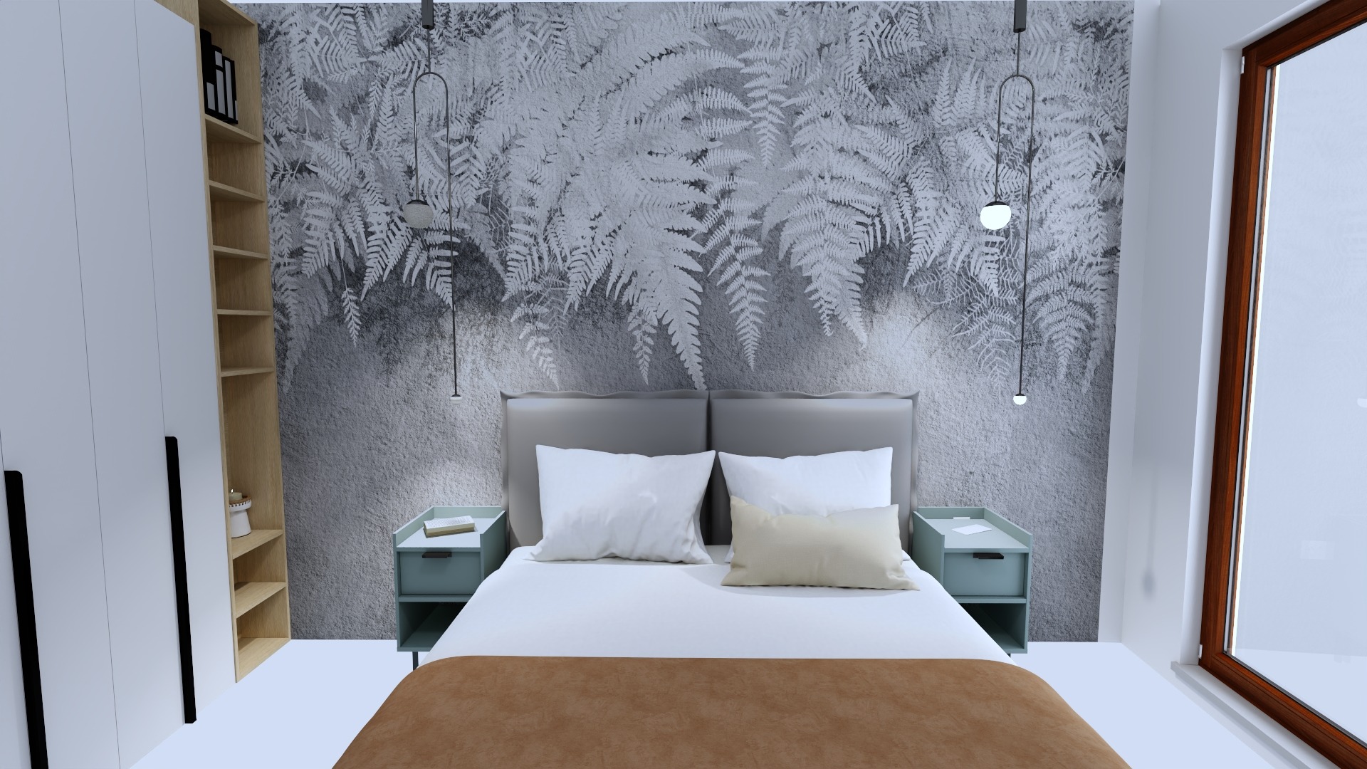 Nowoczesna sypialnia z tapetą w motyw liści paproci, szarą ramą łóżka, błękitnymi szafkami nocnymi i wiszącymi lampami kulami.