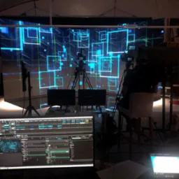 Studio z ekranem LED wyświetlającym abstrakcyjne, geometryczne wzory, kamery na statywach i monitory z interfejsem edycji wideo.