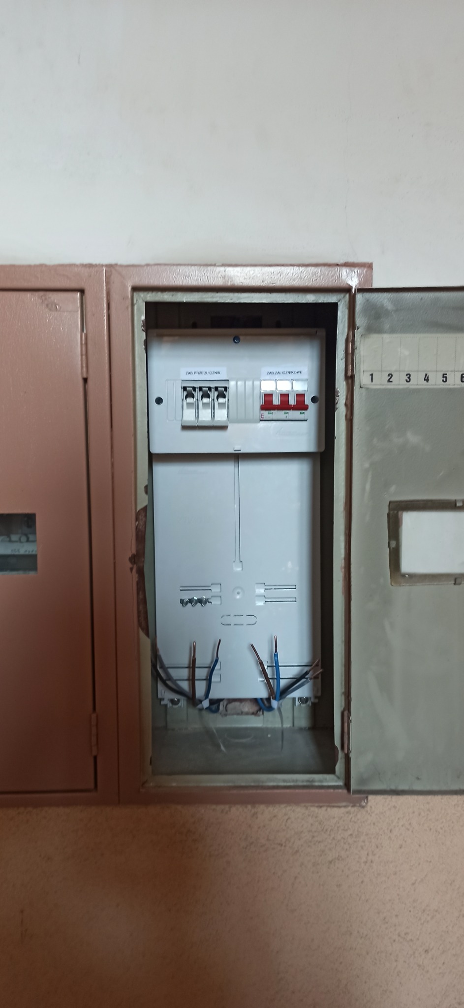 Otwarta skrzynka elektryczna z nowym panelem bezpiecznikowym, widoczne wystające przewody i napisy 'ZAB. PRZEŁĄCZNIK' i 'ZAB. ZALICZNIKOWE' nad bezpiecznikami.