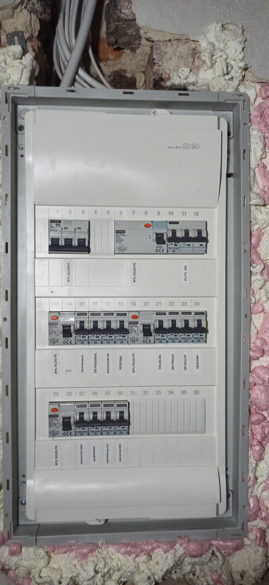 Rozdzielnica elektryczna Schelinger z bezpiecznikami i opisami obwodów, zamontowana w ścianie z widoczną pianką montażową.