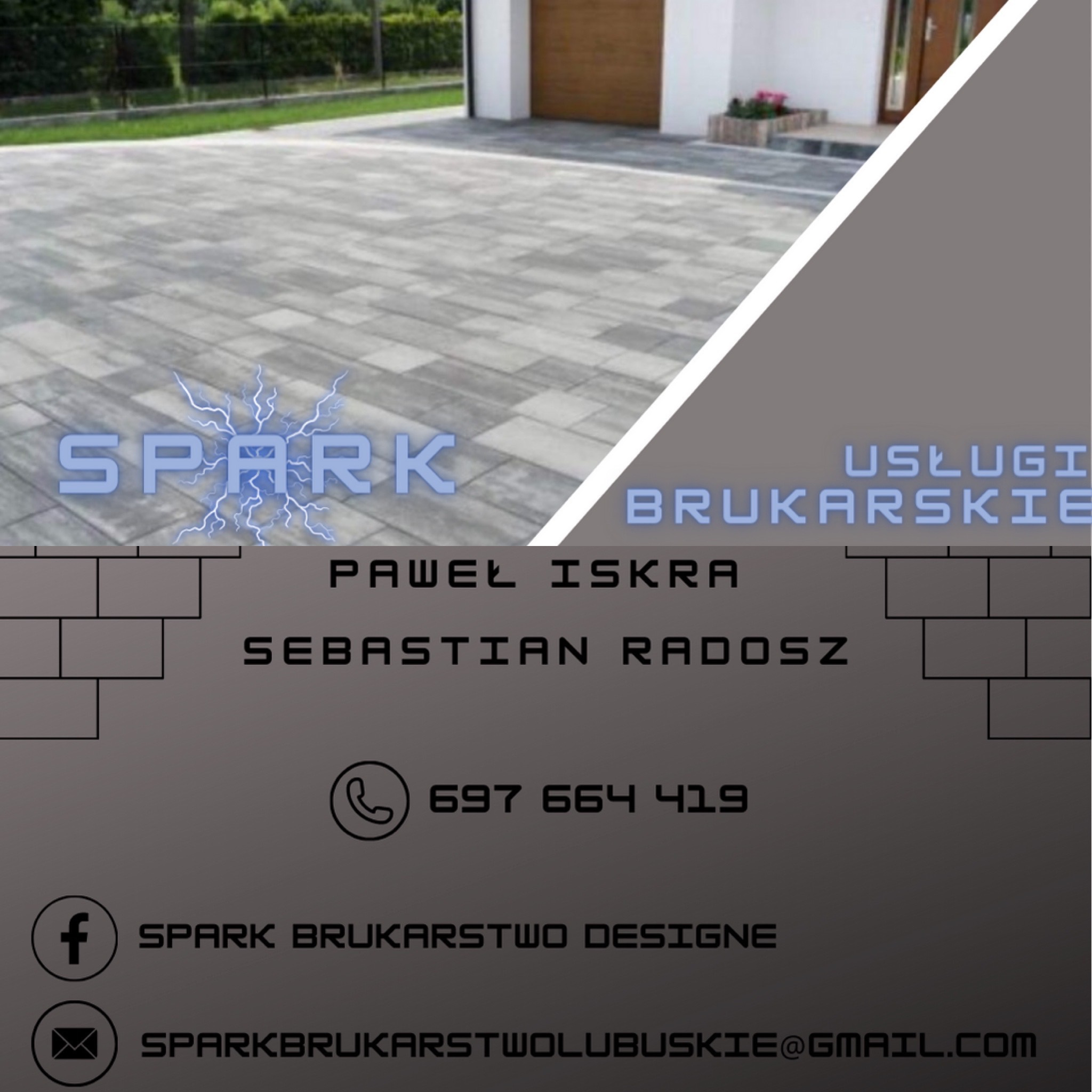 Reklama firmy brukarskiej Spark z wizualizacją ułożonej szarej kostki brukowej przed domem z garażem i wejściem.