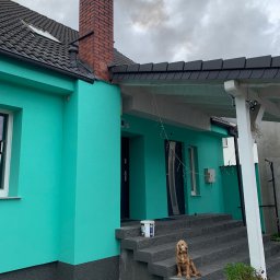 Simplex - Turkusowy dom z ciemną stolarką i ceglanym kominem, pies siedzi na schodach wejściowych, obok wiadro z farbą.