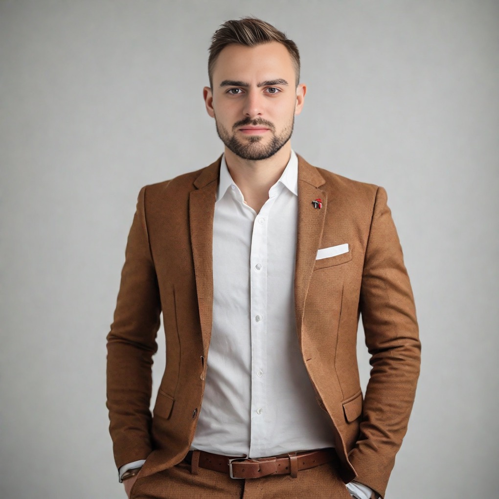 Portret mężczyzny w brązowym garniturze i białej koszuli, ręce w kieszeniach, z małą przypinką z logotypem na klapie marynarki, na jasnoszarym tle.