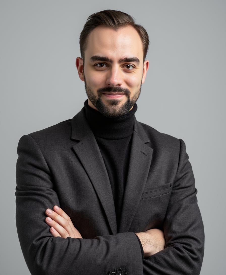 Portret mężczyzny z brodą, ubranego w czarny golf i szary garnitur, z założonymi rękami na neutralnym tle. Profesjonalny wizerunek.