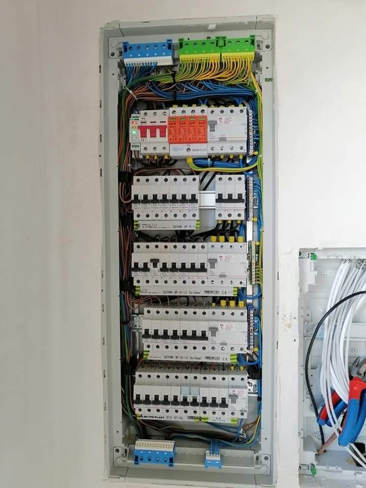 Rozdzielnica elektryczna wnękowa z licznymi zabezpieczeniami różnicowoprądowymi i nadprądowymi, okablowana przewodami w kolorach żółtym, niebieskim i zielonym.