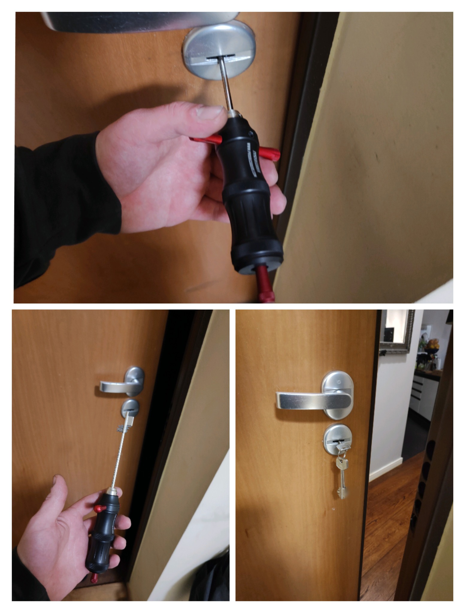 Otwieranie zamka w drzwiach przy użyciu specjalistycznego wytrycha z czarną rękojeścią i czerwonymi elementami