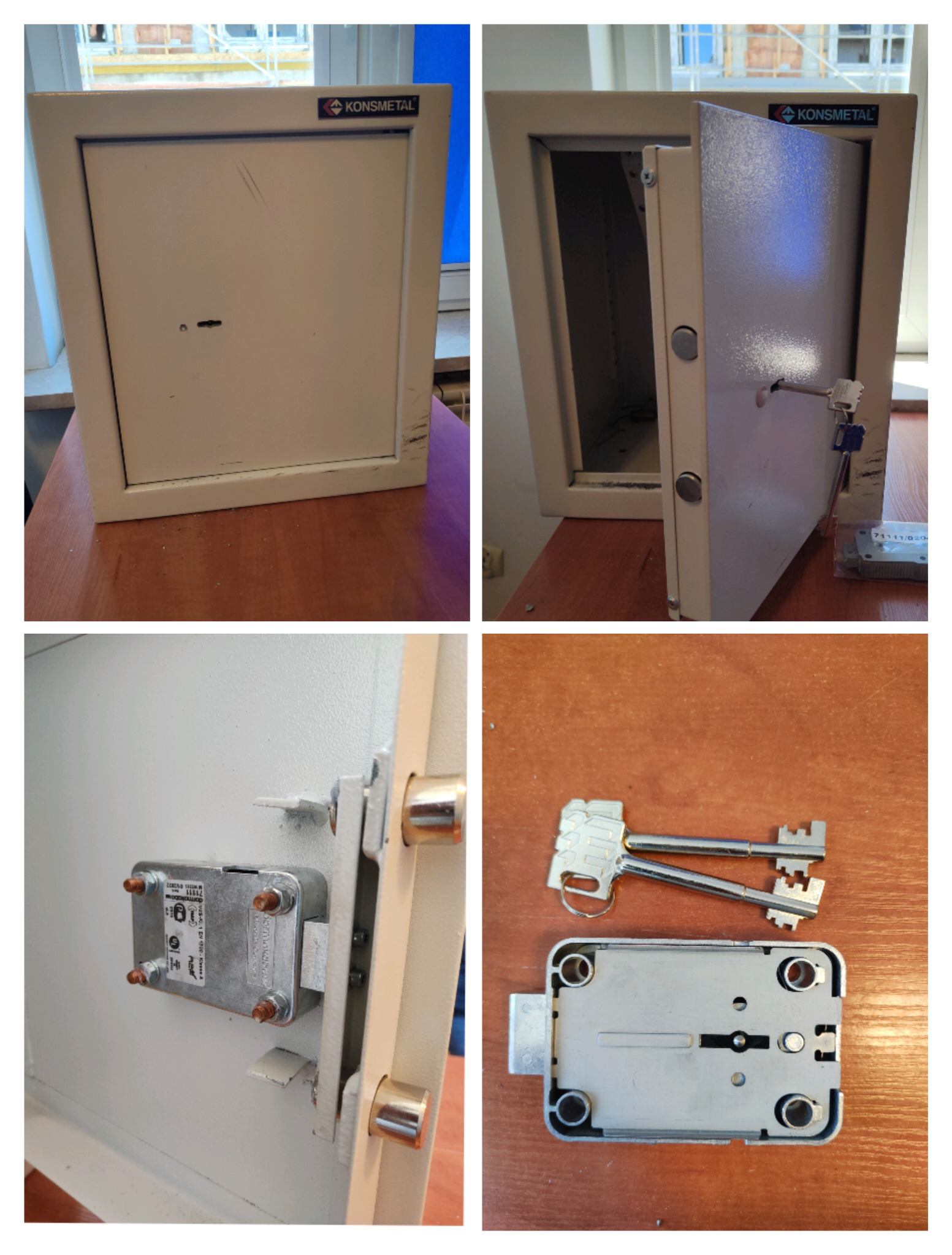 Sejf marki Konsmetal: zamknięty, otwarty z kluczem w zamku, zbliżenie mechanizmu zamka i klucze na blacie.