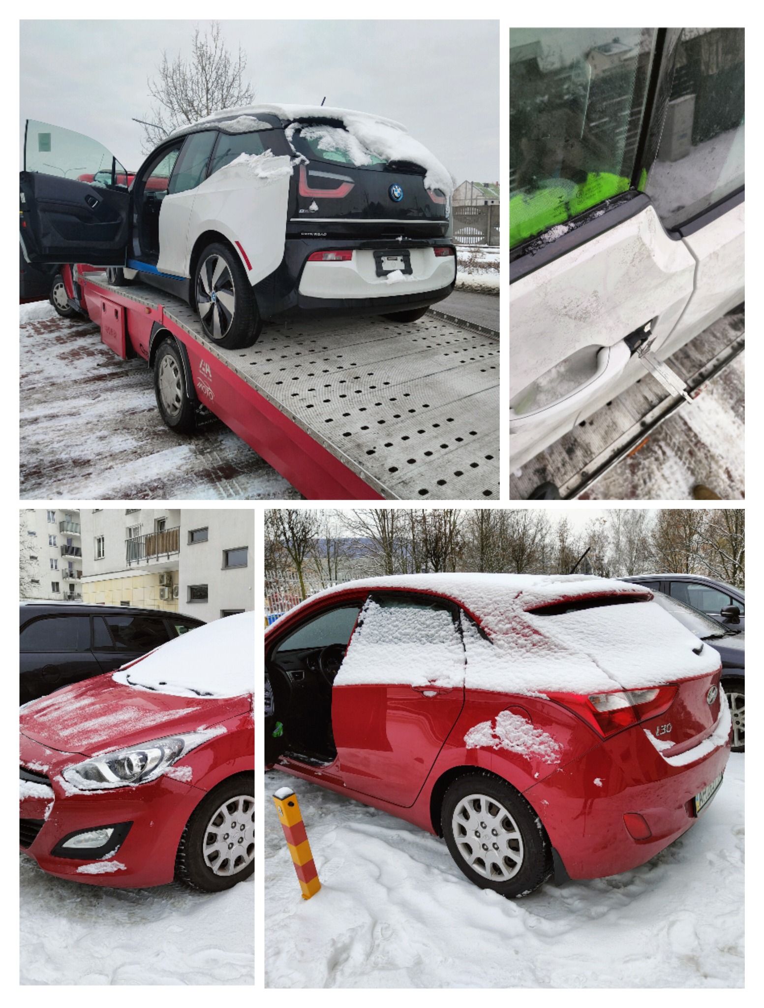 Uszkodzony samochód BMW i3 na lawecie, oraz czerwony Hyundai i30 w śniegu z otwartymi drzwiami, prawdopodobnie po włamaniu, w zimowej scenerii.