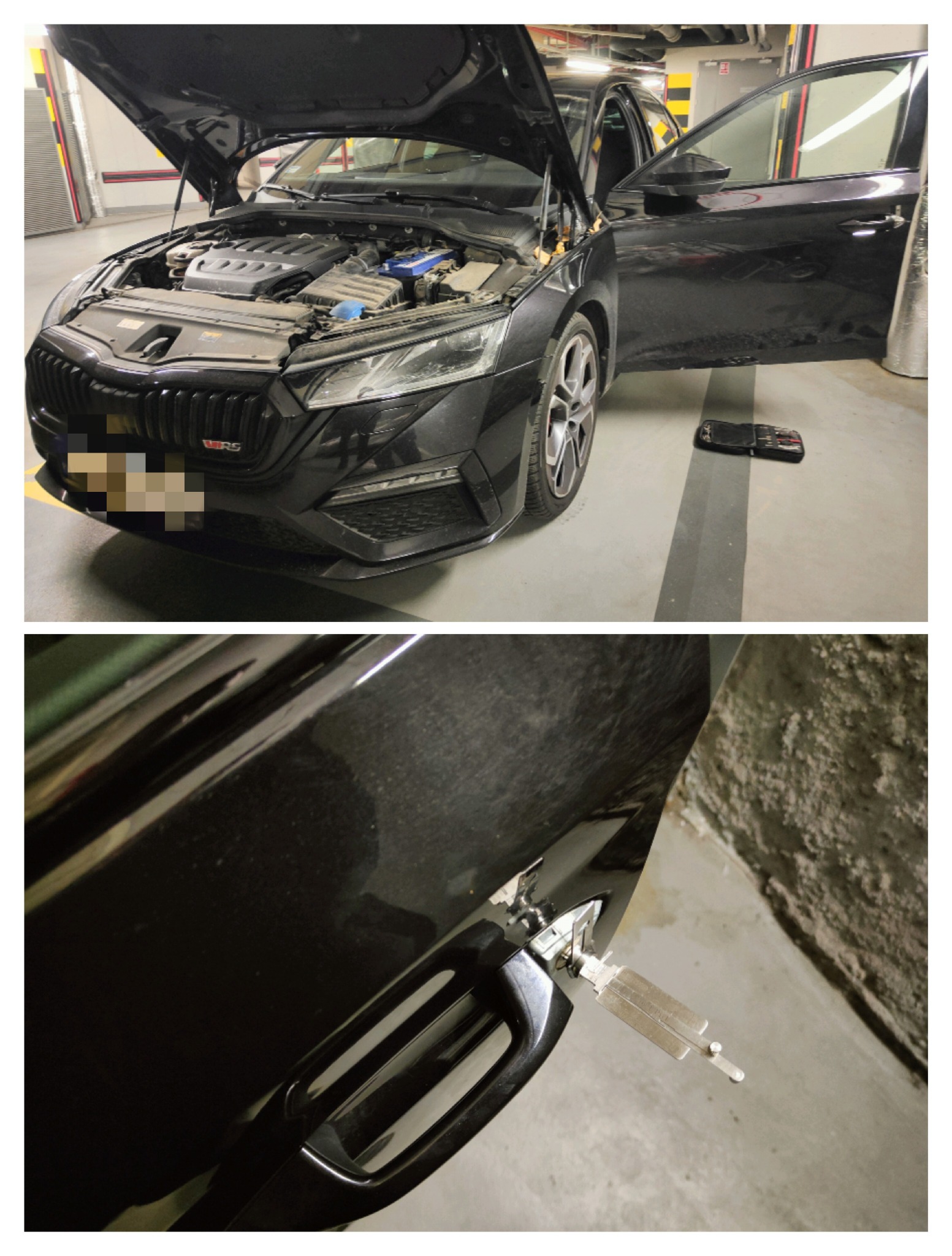 Czarny samochód z otwartą maską i drzwiami w garażu podziemnym; na drzwiach zamontowany przyrząd do awaryjnego otwierania zamków samochodowych.