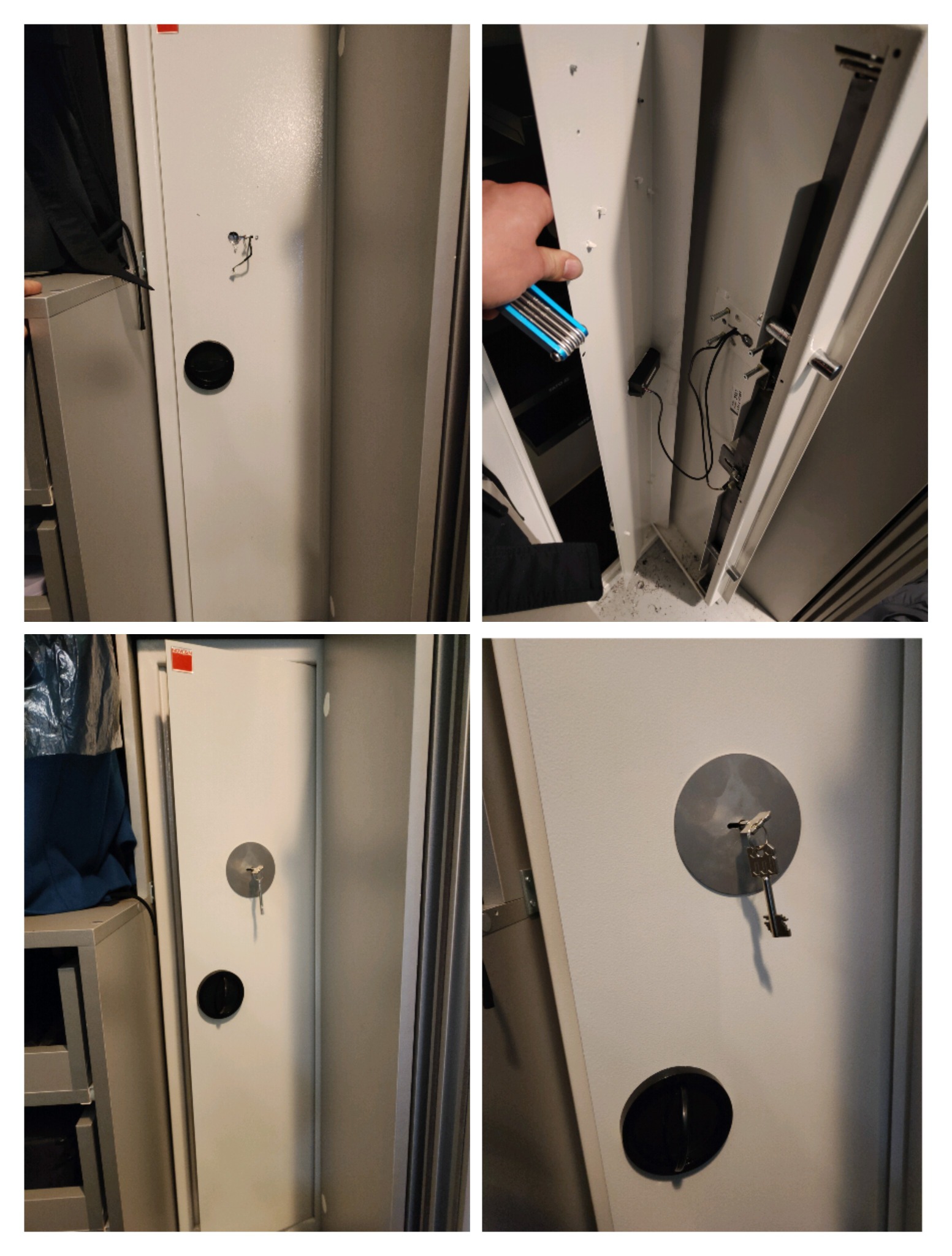 Otwarty sejf z widocznymi mechanizmami zamka, narzędzia w dłoni, prawdopodobnie w trakcie naprawy lub serwisu.