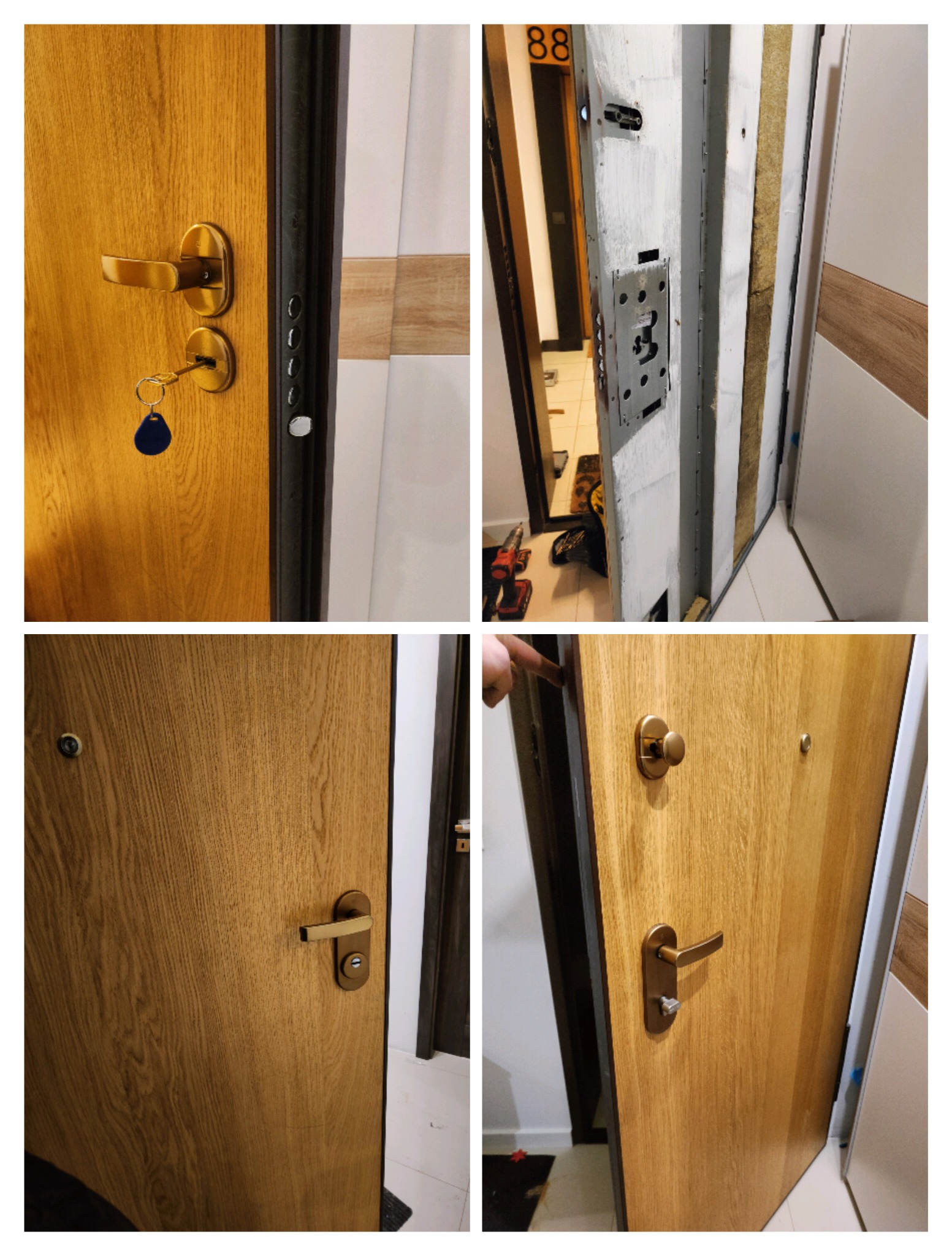 Cztery ujęcia montażu drzwi: widok zamka z kluczem, konstrukcja drzwi z widoczną izolacją, zbliżenie na krawędź drzwi wskazywaną palcem, oraz gotowe drzwi z zamontowaną klamką.