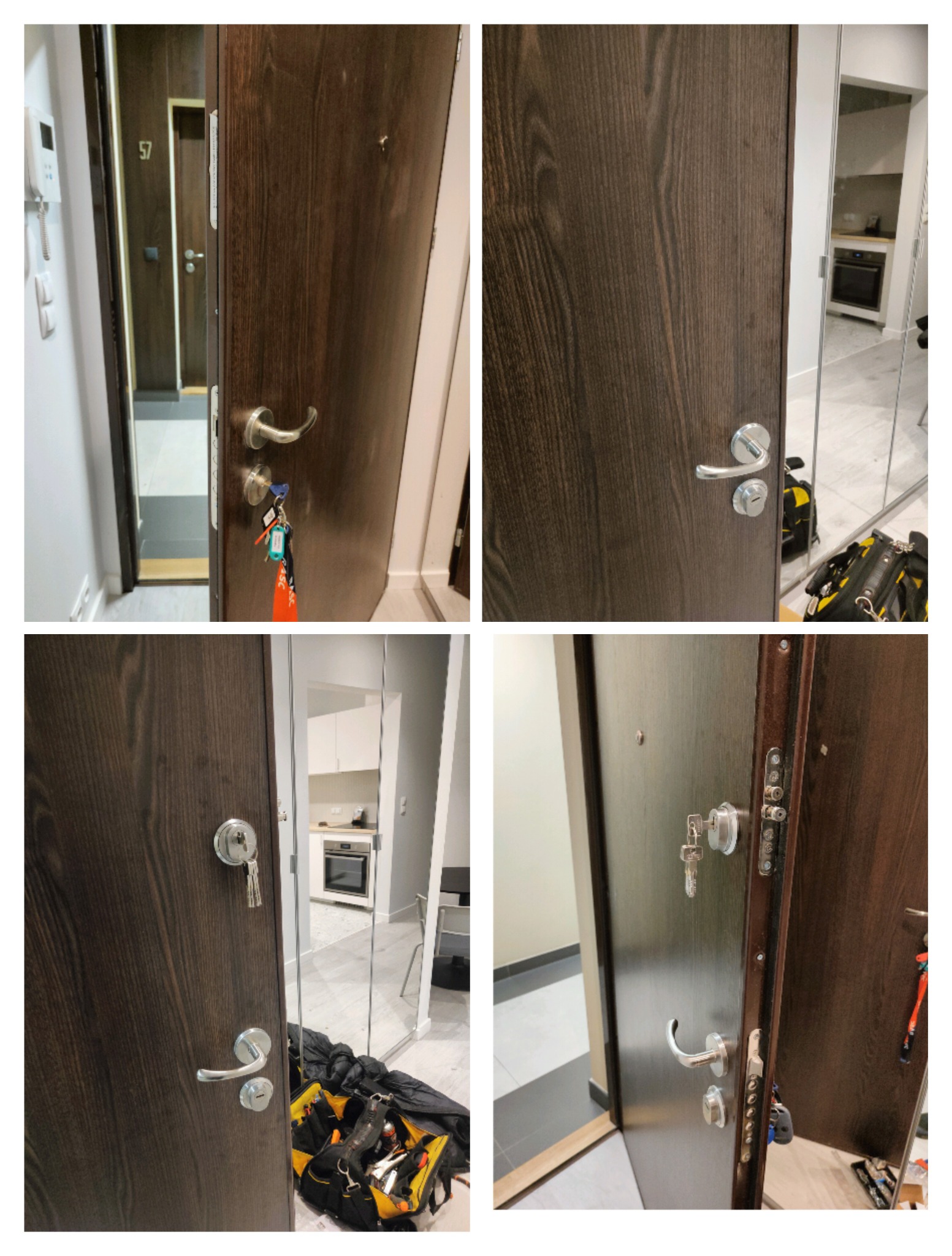 Cztery ujęcia brązowych drzwi wejściowych z zamontowanymi srebrnymi klamkami i zamkami, widoczne klucze w zamkach, narzędzia w torbie obok drzwi.