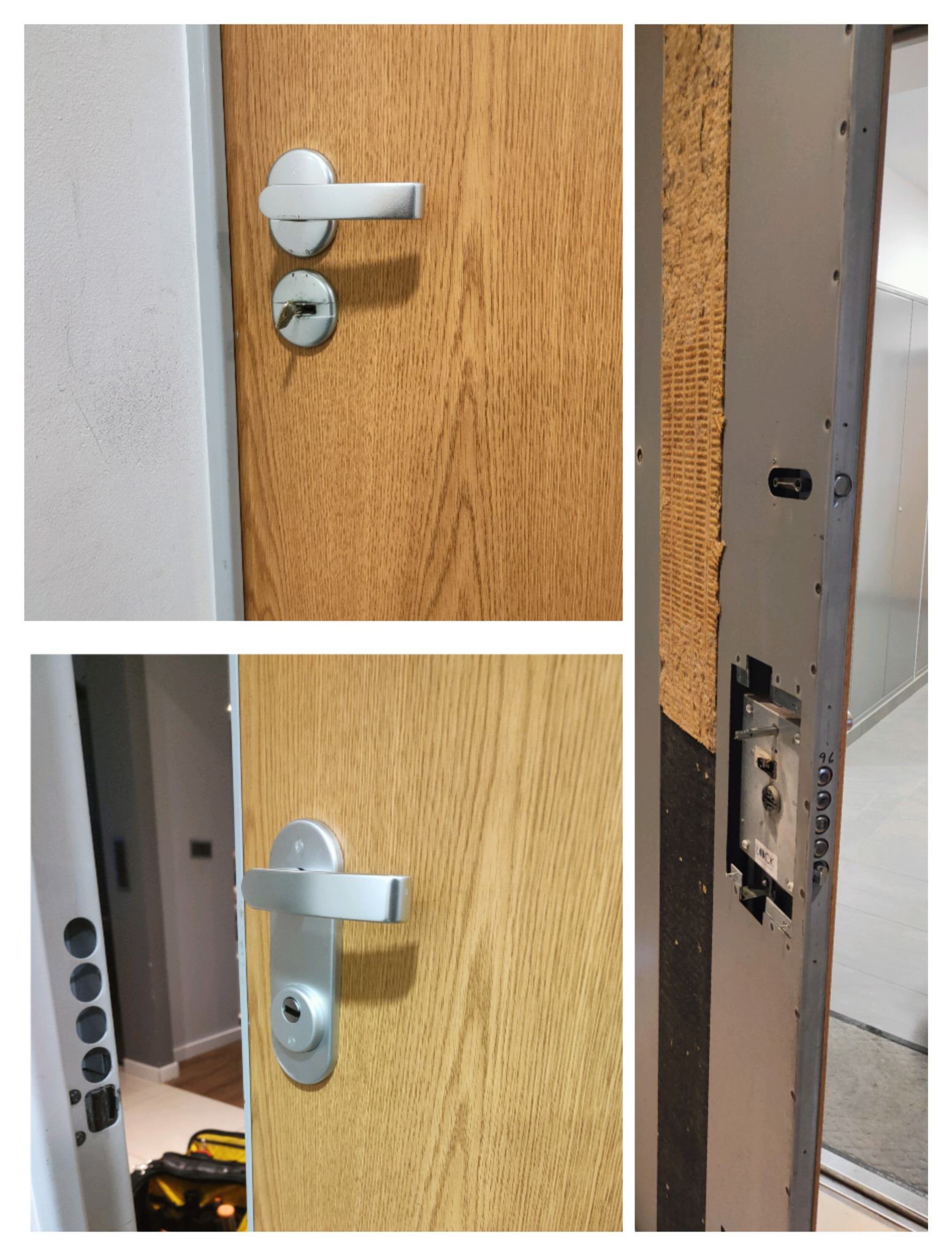 Przygotowanie do montażu drzwi antywłamaniowych: widoczny zamek wielopunktowy w stalowej ramie ościeżnicy z izolacją, zamek wpuszczony w drewniane skrzydło drzwiowe z klamką i wkładką bębenkową.