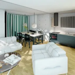 Wizualizacja przestronnego, nowoczesnego wnętrza mieszkania z białymi sofami, szklanym stolikiem kawowym, stołem z krzesłami i aneksem kuchennym z ekspozytorem na wino.