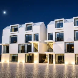 Nowoczesny budynek usługowy z białej elewacji oświetlony nocą, widoczne okna z balkonami i kamienna nawierzchnia przed budynkiem, w tle nocne niebo z gwiazdami.