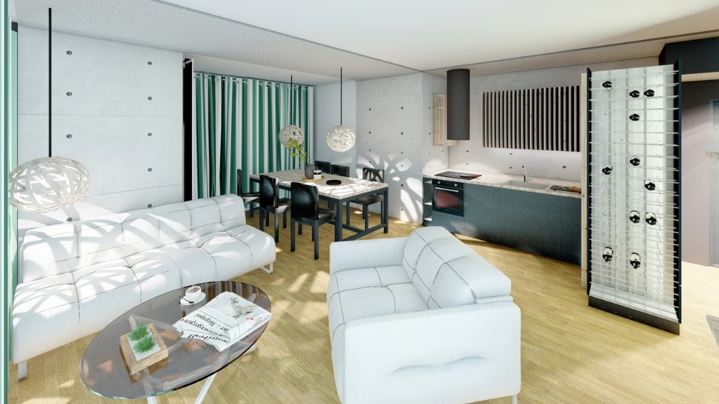 Wizualizacja przestronnego, nowoczesnego wnętrza mieszkania z białymi sofami, szklanym stolikiem kawowym, stołem z krzesłami i aneksem kuchennym z ekspozytorem na wino.