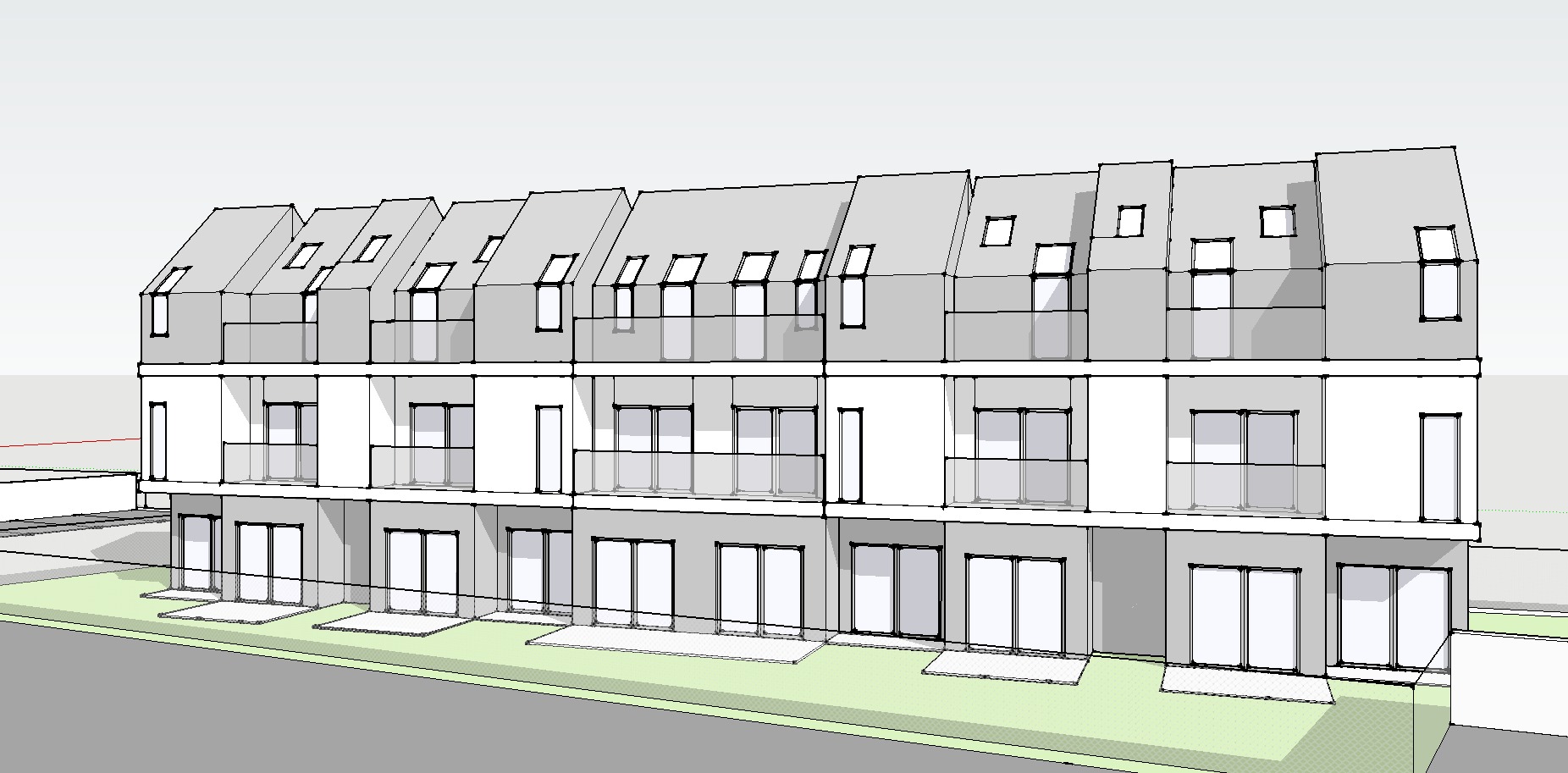 Wizualizacja szeregu nowoczesnych, trzypiętrowych domów z balkonami, o minimalistycznej architekturze i jasnej kolorystyce.