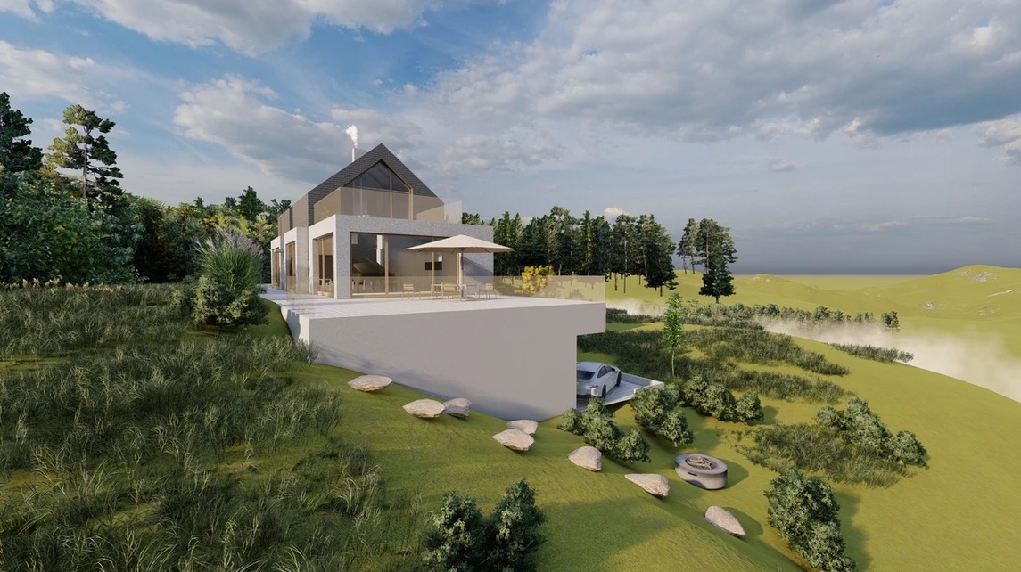 Wizualizacja nowoczesnego domu jednorodzinnego z płaskim dachem i dużymi przeszkleniami, usytuowanego na wzgórzu z widokiem na krajobraz. Na tarasie widoczne meble ogrodowe i parasol, a poniżej...