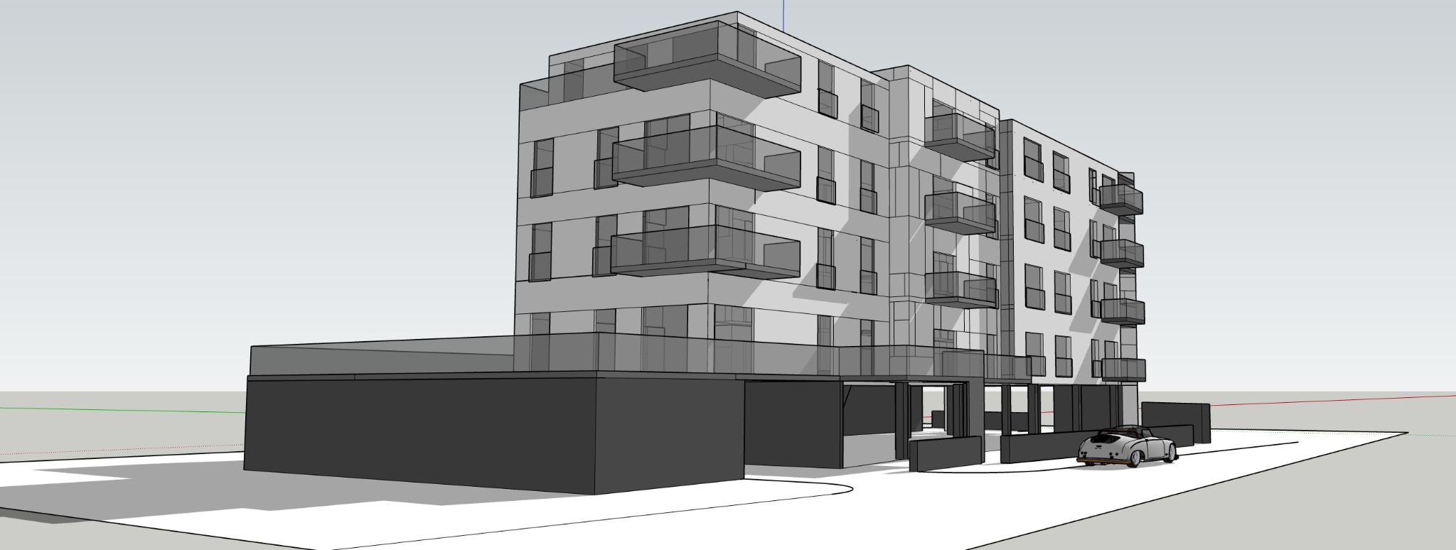 Wizualizacja 3D nowoczesnego budynku mieszkalnego z balkonami i miejscami parkingowymi, prezentowana w programie do projektowania architektonicznego.