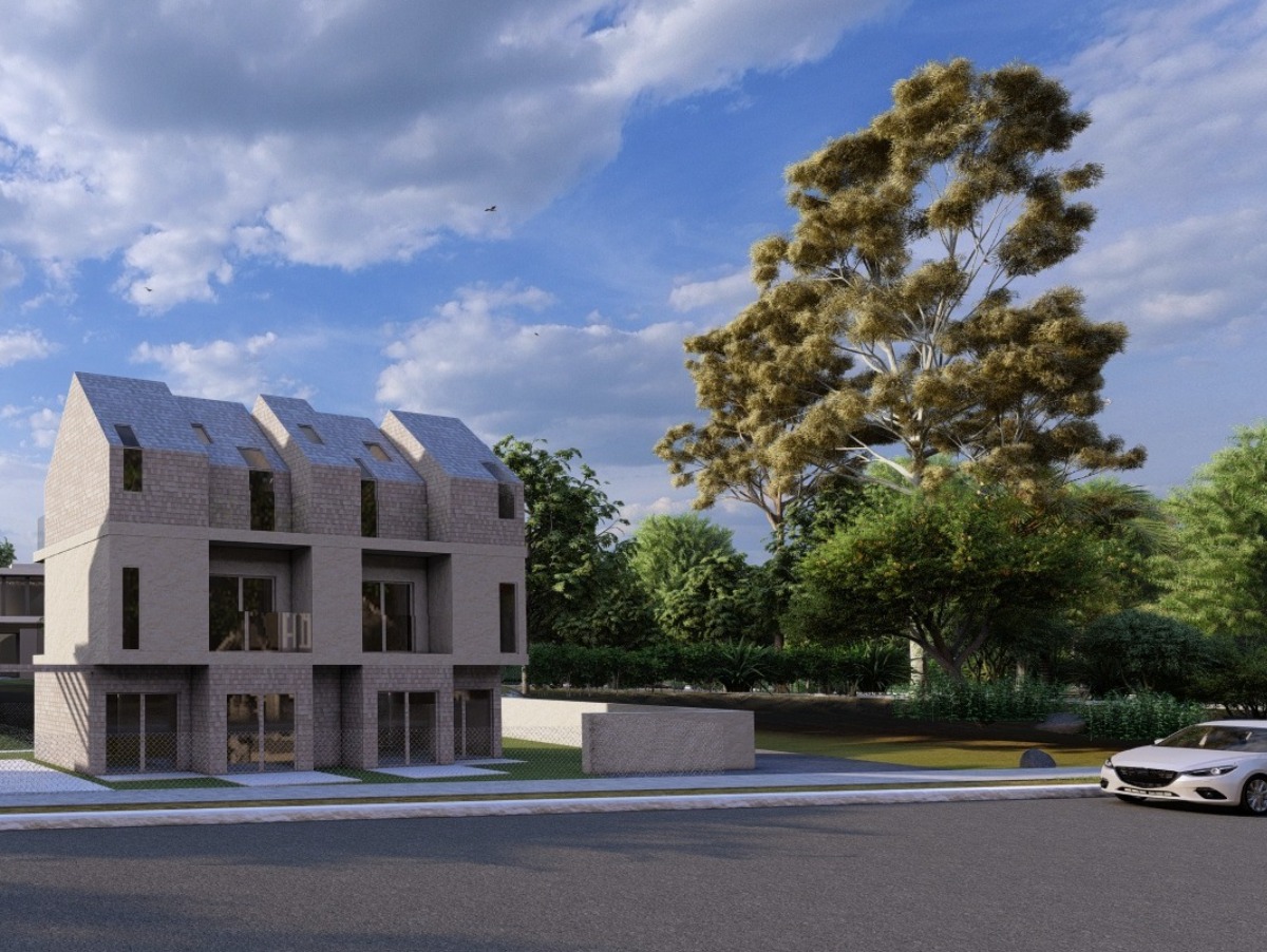 Wizualizacja szeregowca z szarej cegły z trzema segmentami, z ukośnymi dachami, na tle błękitnego nieba z chmurami i zieleni, z białym samochodem na ulicy.