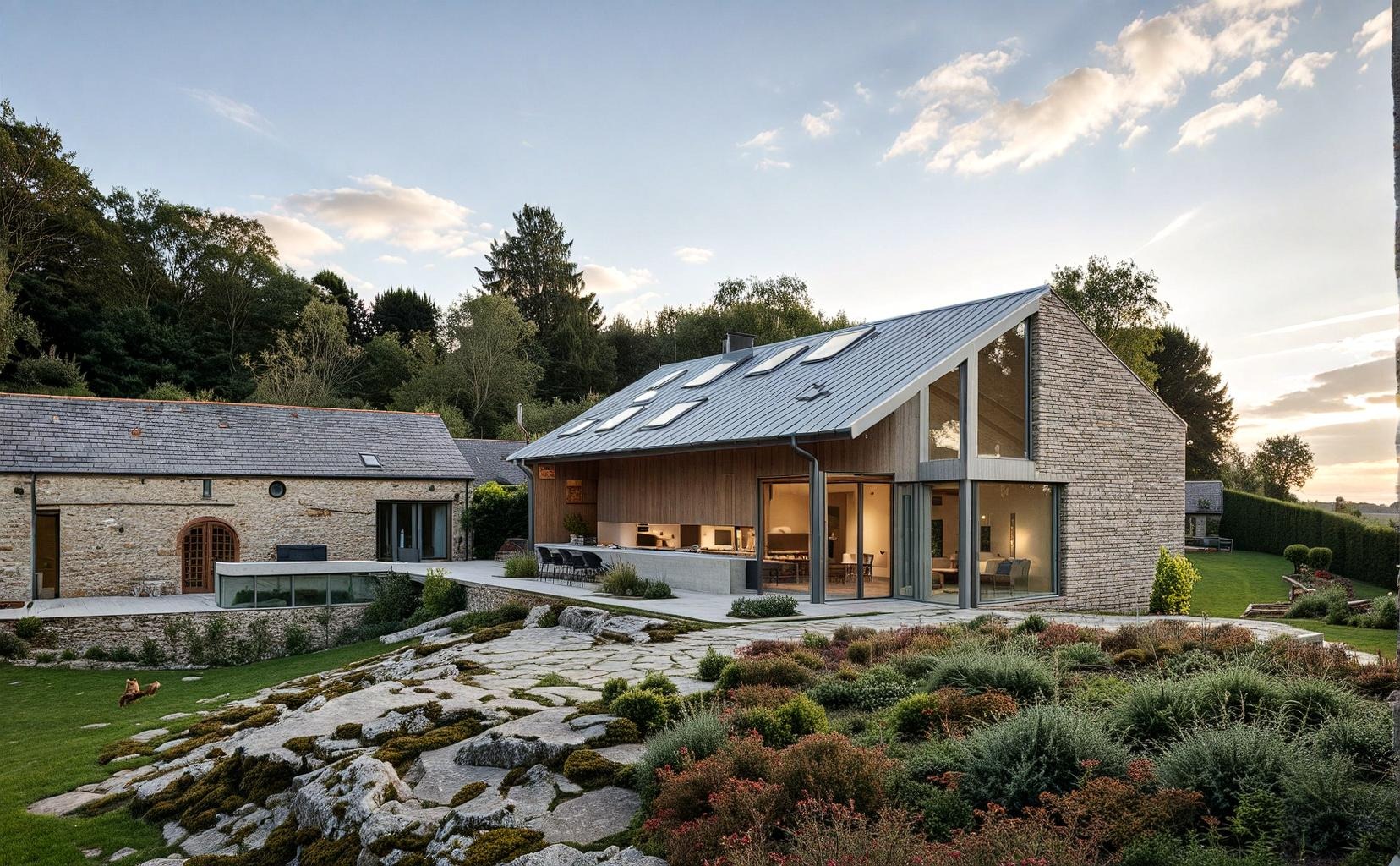 Nowoczesny dom z elementami rustykalnymi, duże okna, metalowy dach z lukarnami, kamienne wykończenie elewacji, otoczenie ogrodowe z naturalnymi skałami i roślinnością.