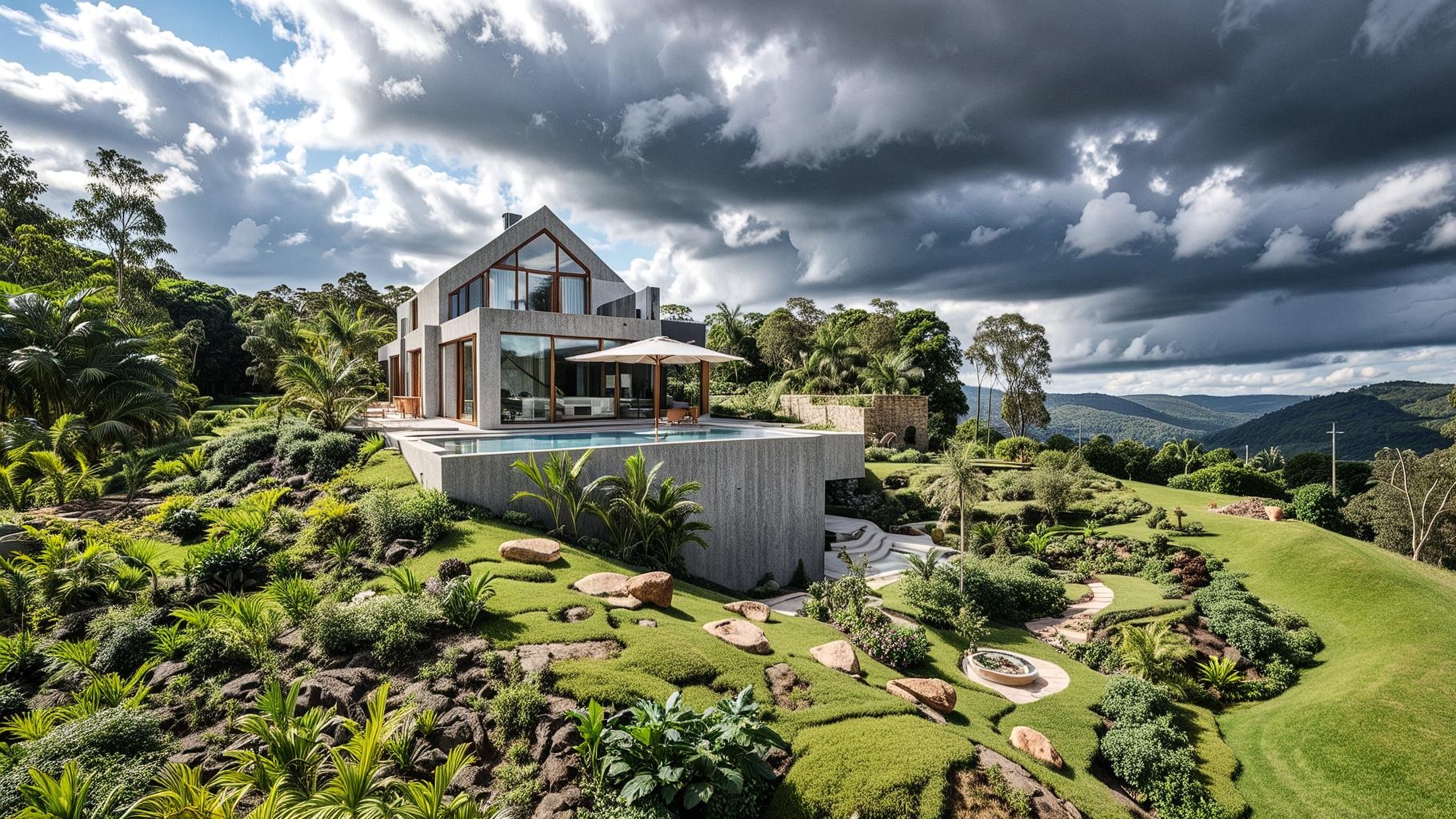 Nowoczesny dom z betonu architektonicznego, panoramiczne okna, basen z parasolem, bujna roślinność i kamienie w ogrodzie, pochmurne niebo w tle.