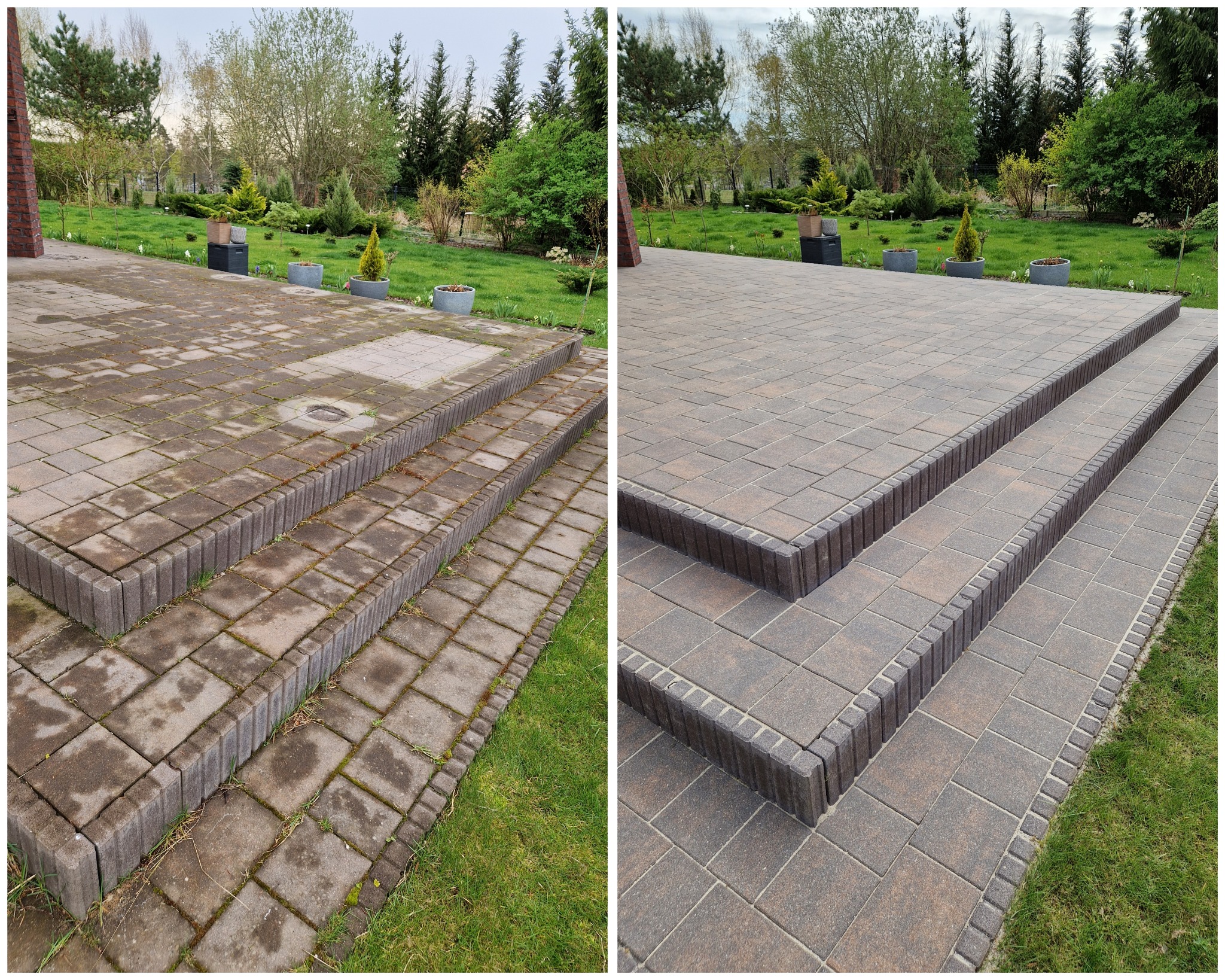 Porównanie stanu kostki brukowej: przed i po czyszczeniu, widoczne schody, trawnik i elementy zieleni w tle.