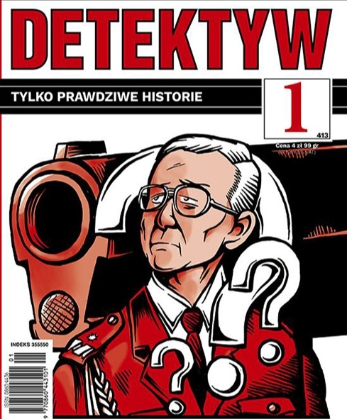Ilustracja okładki komiksu o tytule 'Detektyw', przedstawiająca mężczyznę w okularach i czerwonym mundurze z pistoletem w tle i znakami zapytania.