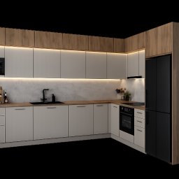 MYCREATOR WALCZAK BARTOSZ - Nowoczesna kuchnia narożna z białymi frontami i drewnopodobnymi szafkami górnymi, oświetleniem LED pod szafkami i czarnym sprzętem AGD.