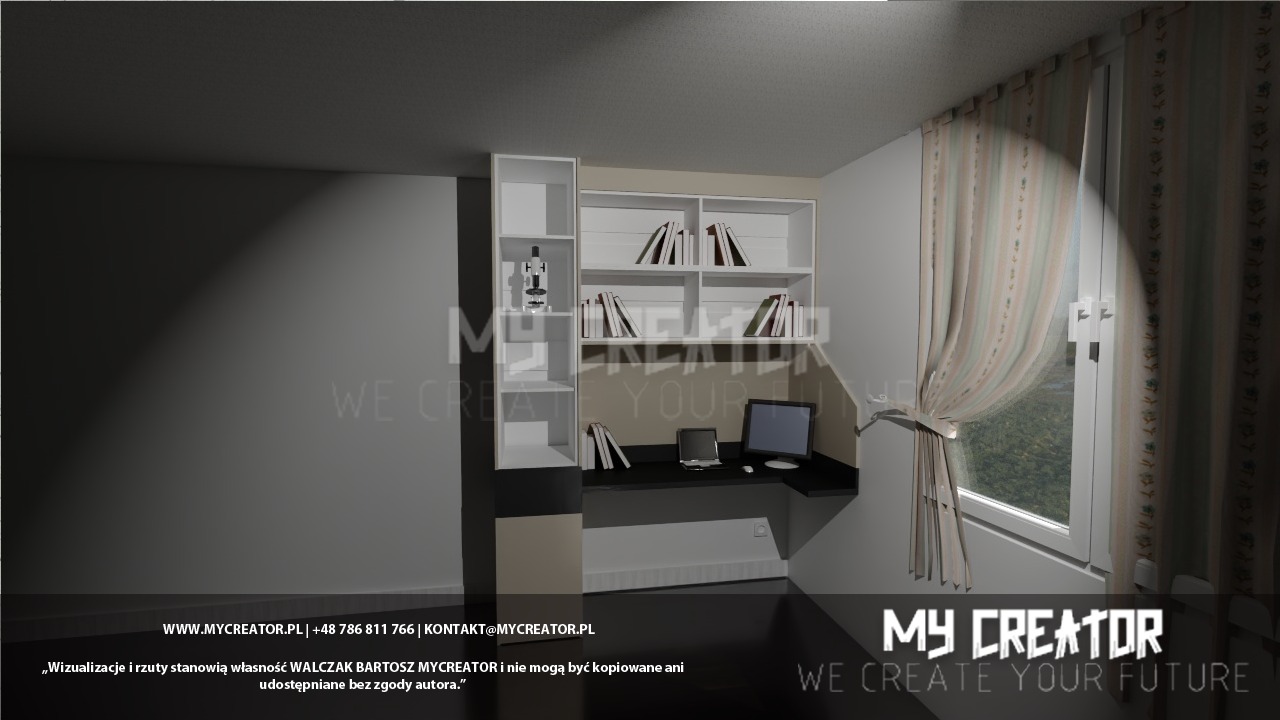 Wizualizacja pokoju z biurkiem i regałem na książki, mikroskop na półce, zasłony w oknie. Projekt wnętrza z komputerem i laptopem na blacie.