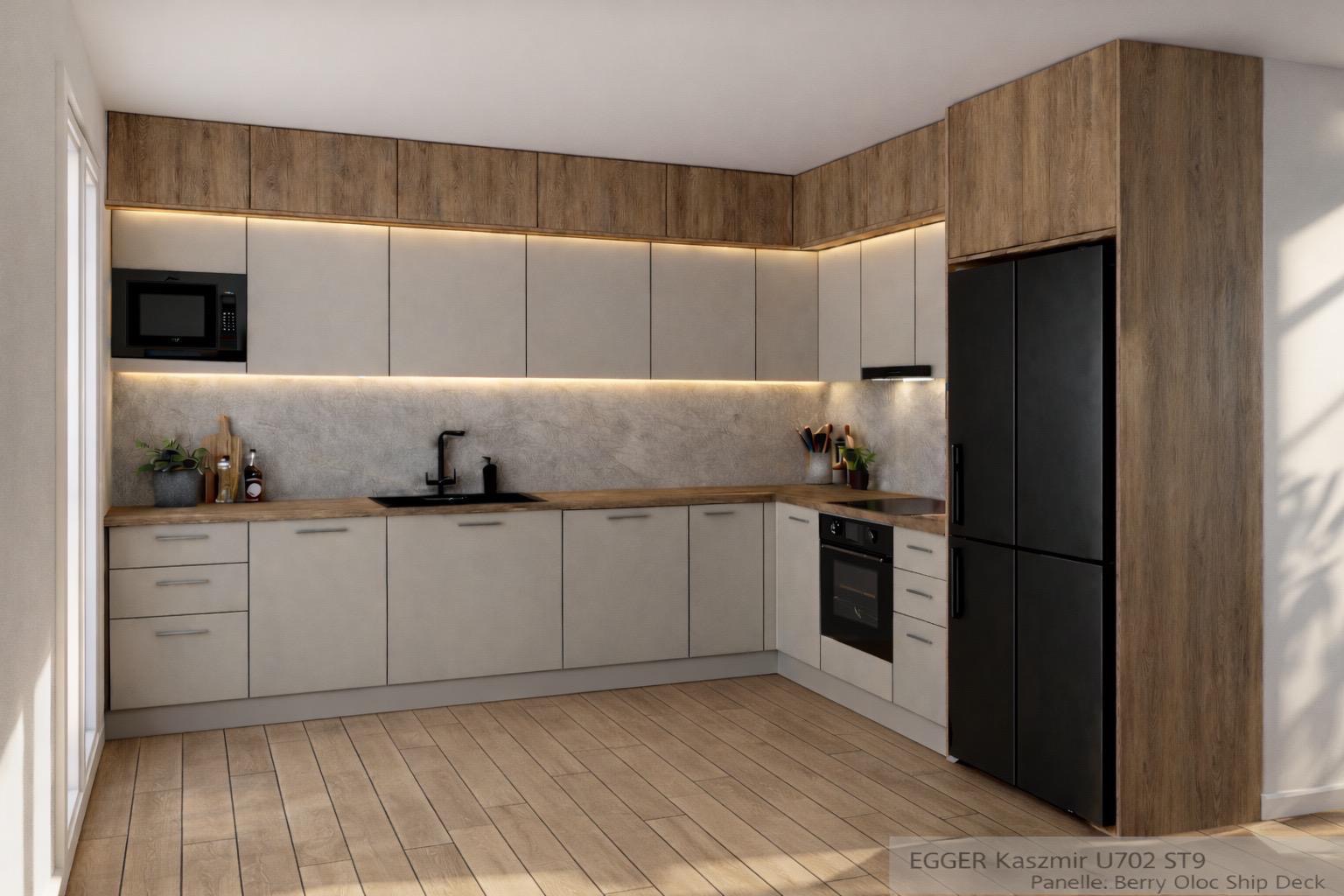 Nowoczesna kuchnia w odcieniach beżu i drewna z czarnymi akcentami: lodówka i bateria. Oświetlenie LED podszafkowe. Parkiet z jasnego drewna.