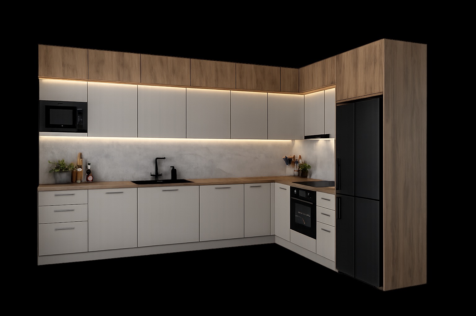 Nowoczesna kuchnia narożna z białymi frontami i drewnopodobnymi szafkami górnymi, oświetleniem LED pod szafkami i czarnym sprzętem AGD.