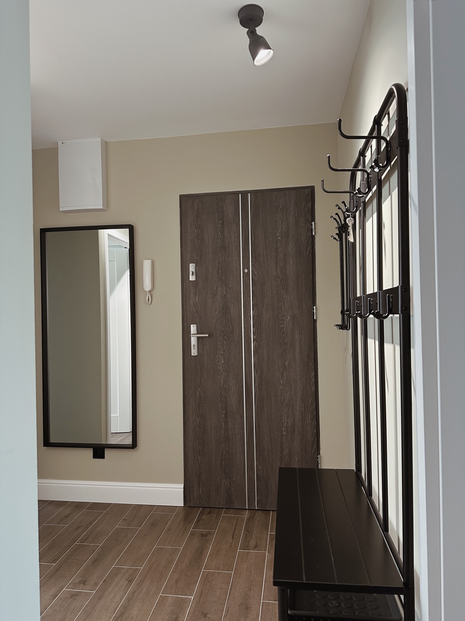 Wrocław: Nowoczesny przedpokój z brązowymi panelami podłogowymi, ciemnym lustrem w ramie, drzwiami wejściowymi z elementami stali i wieszakiem z siedziskiem.