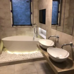 Nowoczesna łazienka z owalną wanną podświetloną białymi kamieniami, dwie umywalki nablatowe na drewnianym blacie, lustro w szafce i telewizor w ścianie wyłożonej płytkami w odcieniach beżu.