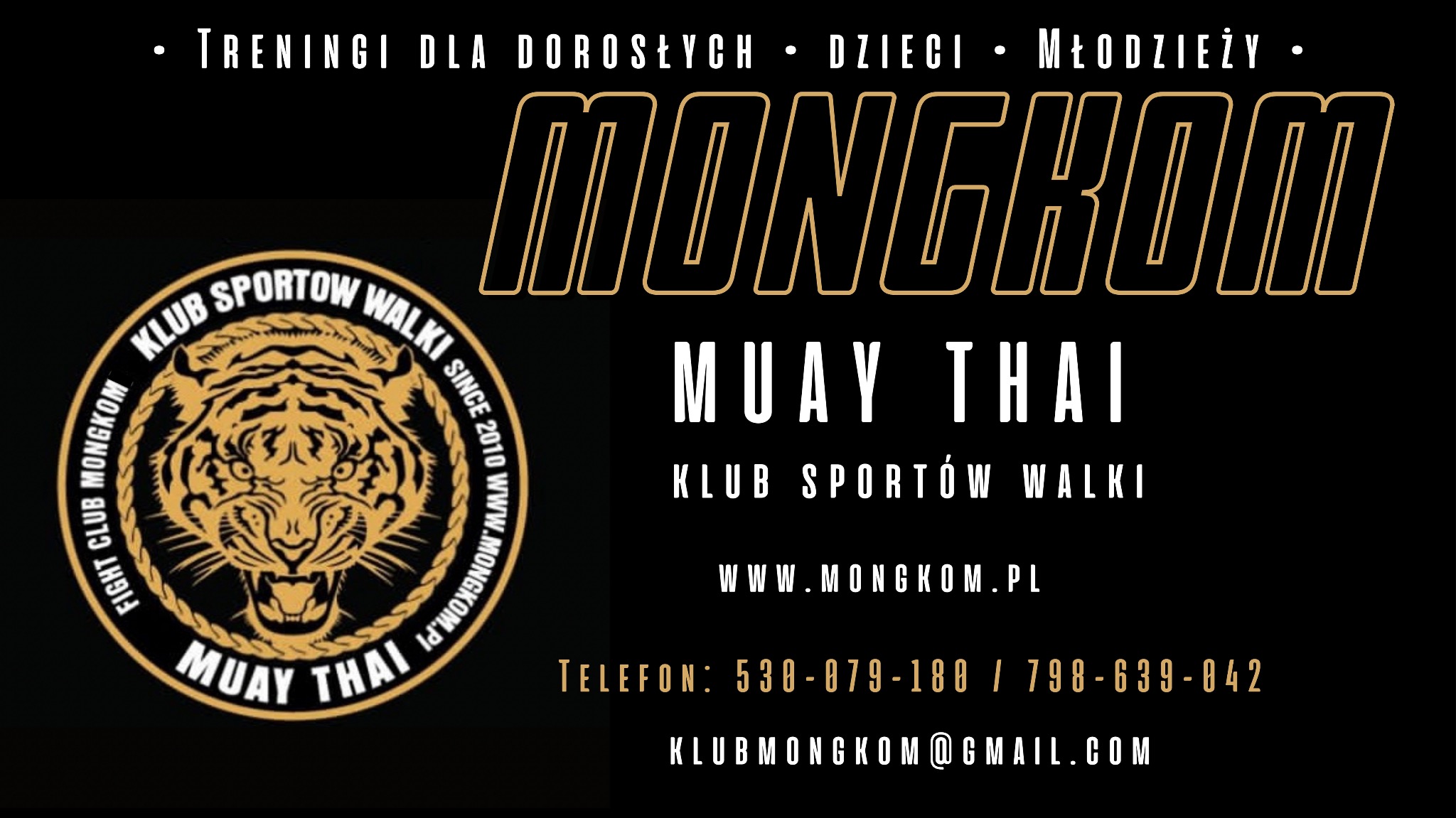 Grafika klubu sportów walki Muay Thai Mongkom z logotypem tygrysa, informacjami o treningach dla dorosłych, dzieci i młodzieży, adresem strony internetowej, numerami telefonów i adresem e-mail.