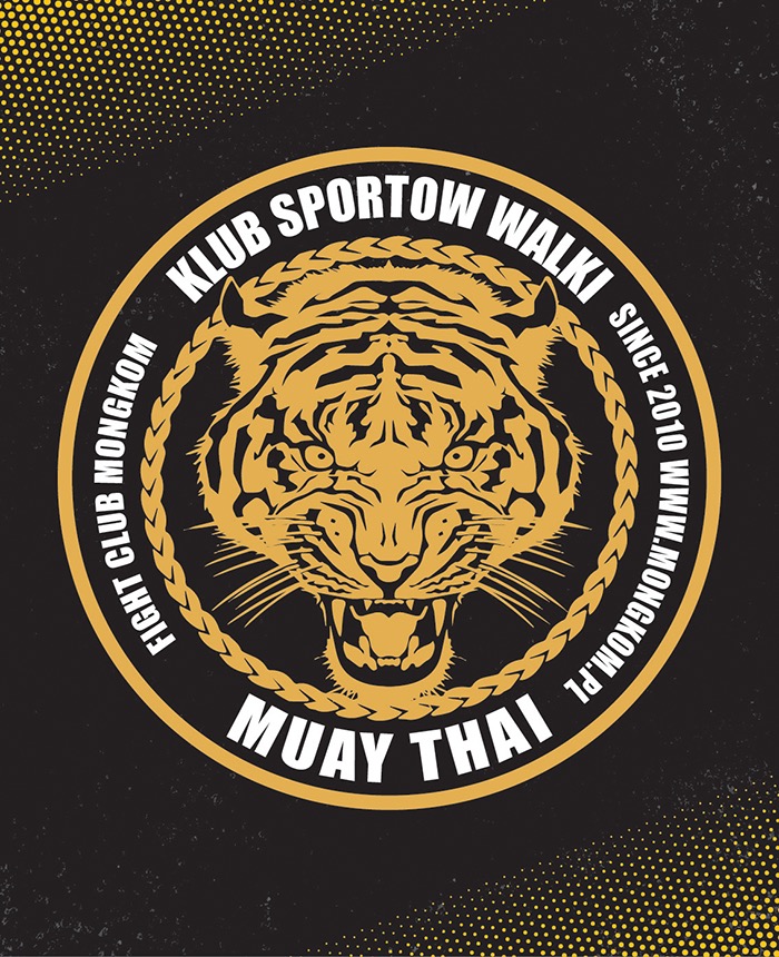 Logo klubu sportów walki Muay Thai z wizerunkiem tygrysa na czarno-złotym tle, napis Klub Sportów Walki Fight Club Mongkom since 2010.