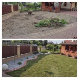 Zdjęcie przedstawia porównanie stanu ogrodu przed i po wykonaniu prac: na górze widoczny jest teren wyrównany z kupką wykopanej ziemi i taczką, na dole zadbany trawnik z obrzeżem z kostki...