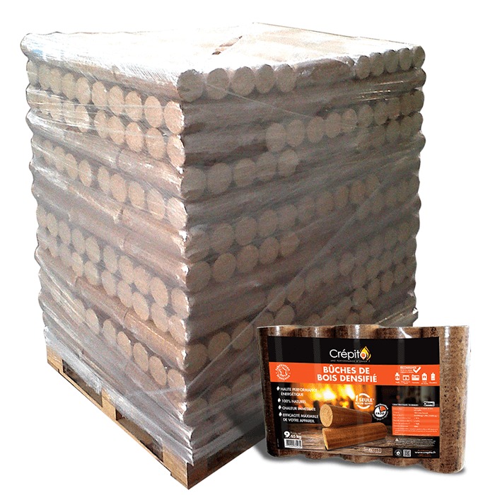 Paleta zafoliowanych, sprasowanych bali drewnianych Crépito oraz opakowanie jednostkowe obok, ukazujące strukturę i logo.