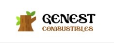Logo firmy Genest Combustibles przedstawiające stylizowany pień drzewa z zielonymi listkami po lewej stronie i nazwę firmy w kolorze czarnym i brązowym po prawej stronie.