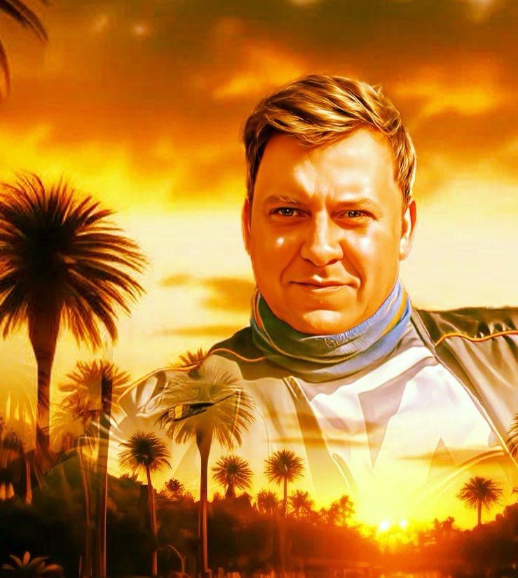 Portret mężczyzny na tle tropikalnego krajobrazu z palmami i zachodzącym słońcem, tworzący efekt podwójnej ekspozycji.