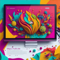 Ekran monitora prezentujący abstrakcyjną, kolorową grafikę strony internetowej z motywem roślinnym i kulami, otoczony elementami biurka w podobnej stylistyce.