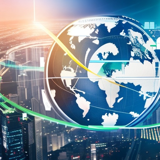 Stylizowana kula ziemska z naniesionymi danymi i wykresami, na tle panoramy miasta z wysokimi budynkami w nocnej scenerii.