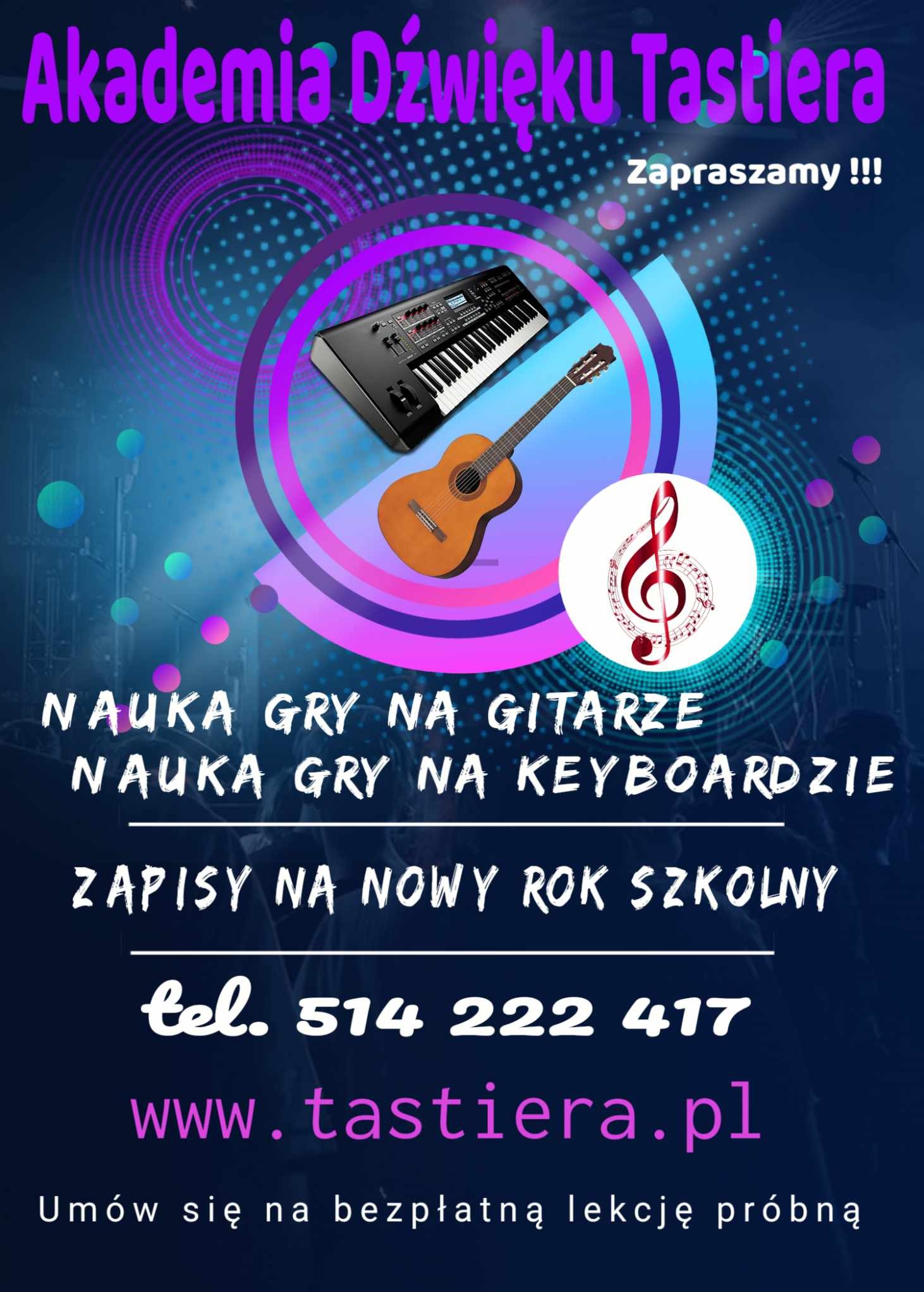 Grafika reklamowa szkoły muzycznej: keyboard, gitara akustyczna, klucz wiolinowy z nutami, fioletowe okręgi, napis 'Akademia Dźwięku Tastiera', zaproszenie na naukę gry na gitarze i keyboardzie...